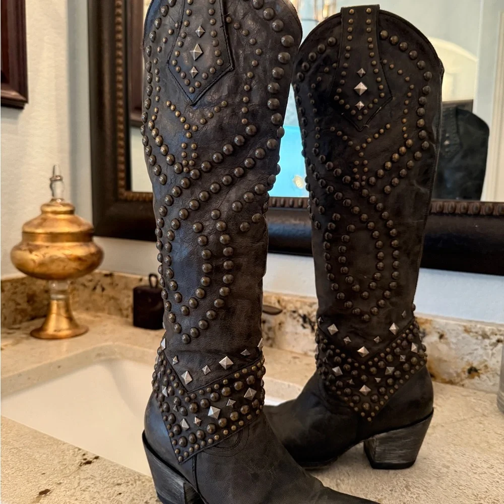 Old Gringo Black Studded Distressed Over-the-Knee Boots